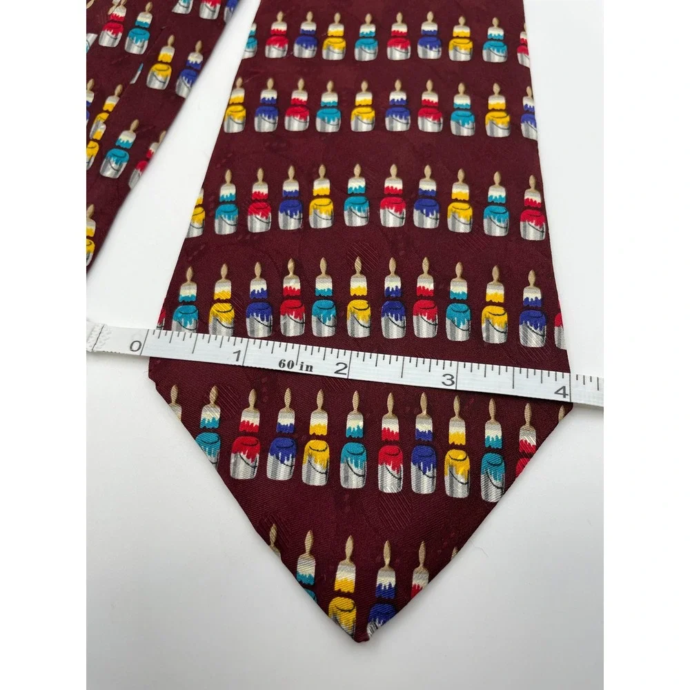 Joe Boxer Mens Silk Tie Burgundy Wet Paint Cans Brushes Art Novelty Made in USA